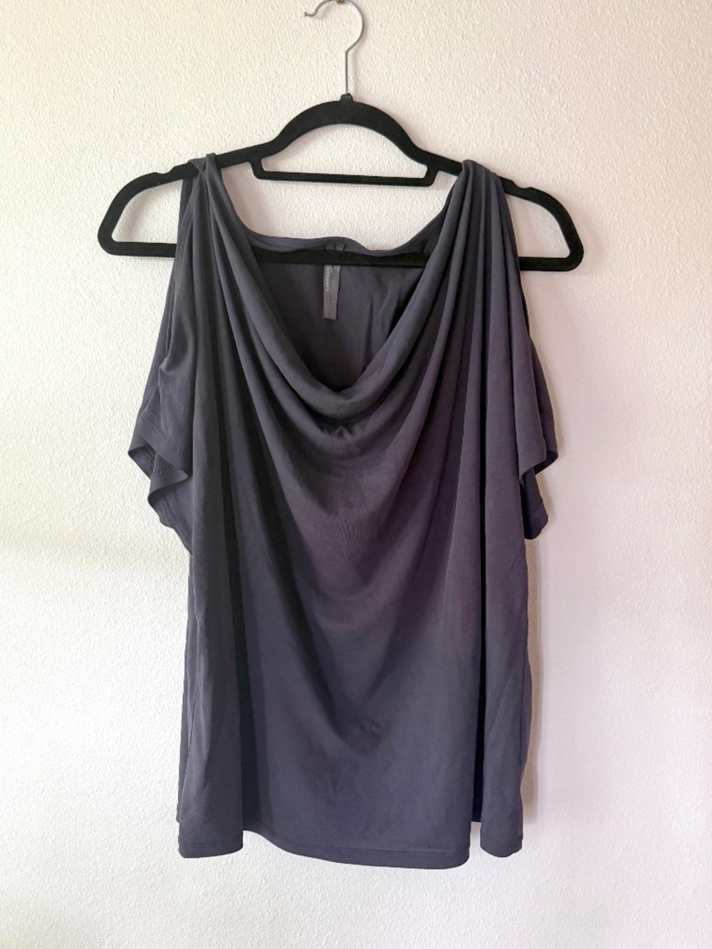 Anthropologie Dark Gray Draped Cowl Neck Cold Shoulder Top Large
